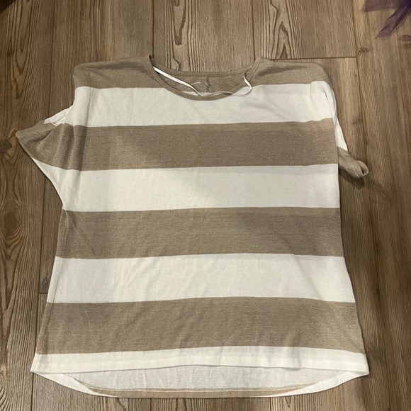 INC International Concepts Beige and White Striped Tee - Picture 1 of 2